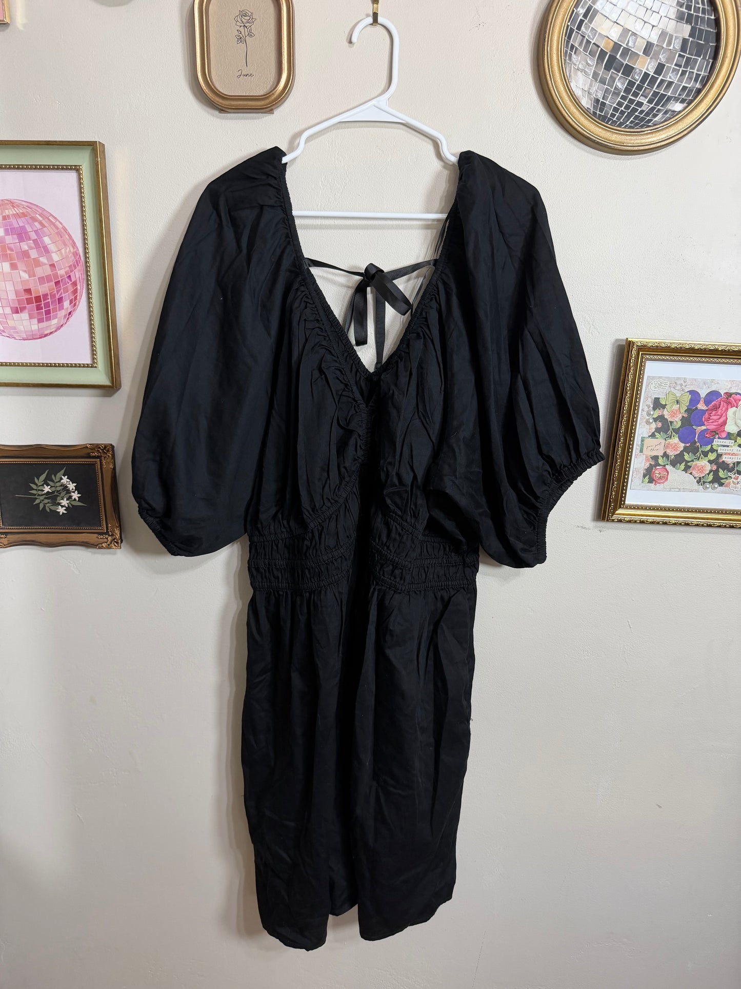 XXL NWOT Black Smocked Waist Midi Dress w/ Tie Back