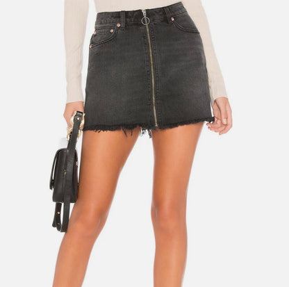 Size 29 Faded Black Denim Zip Up Mini Skirt