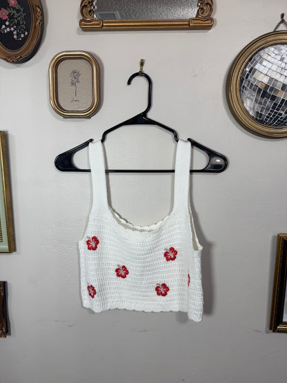 Medium White Knit Tank w/ Red Hibiscus Flowers