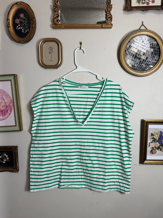 Large Green White Striped VNeck