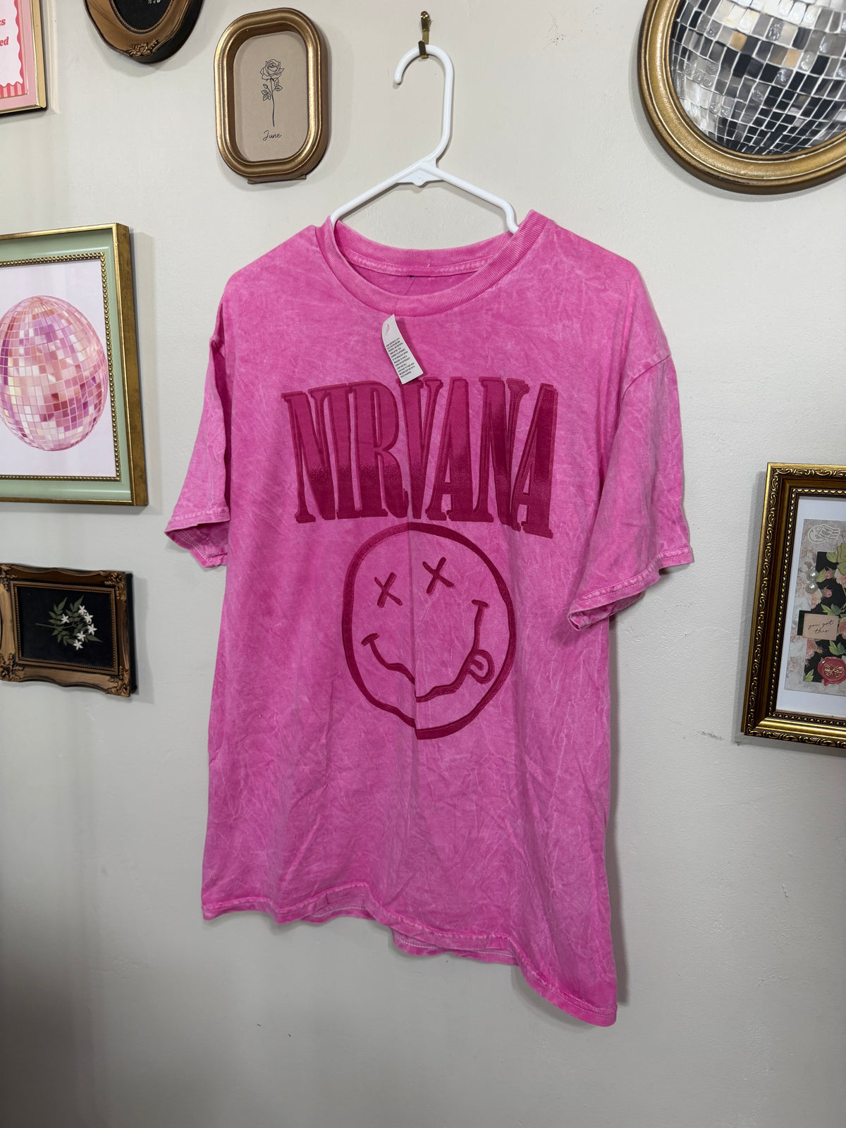 Large NWOT Pink Acid Wash Monochromatic Nirvana Graphic Tee
