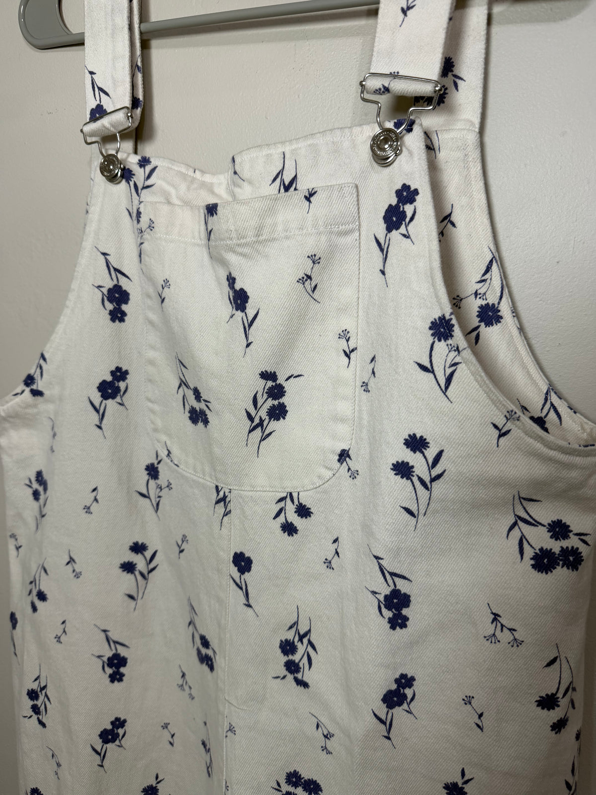 Large Ecru Cream Denim Overalls w/ Blue Flowers