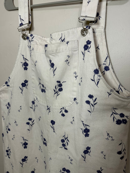 Large Ecru Cream Denim Overalls w/ Blue Flowers