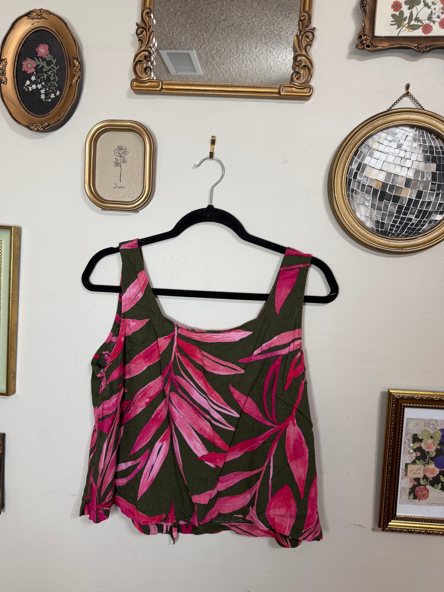 Large Pink Green Plant Tank Top