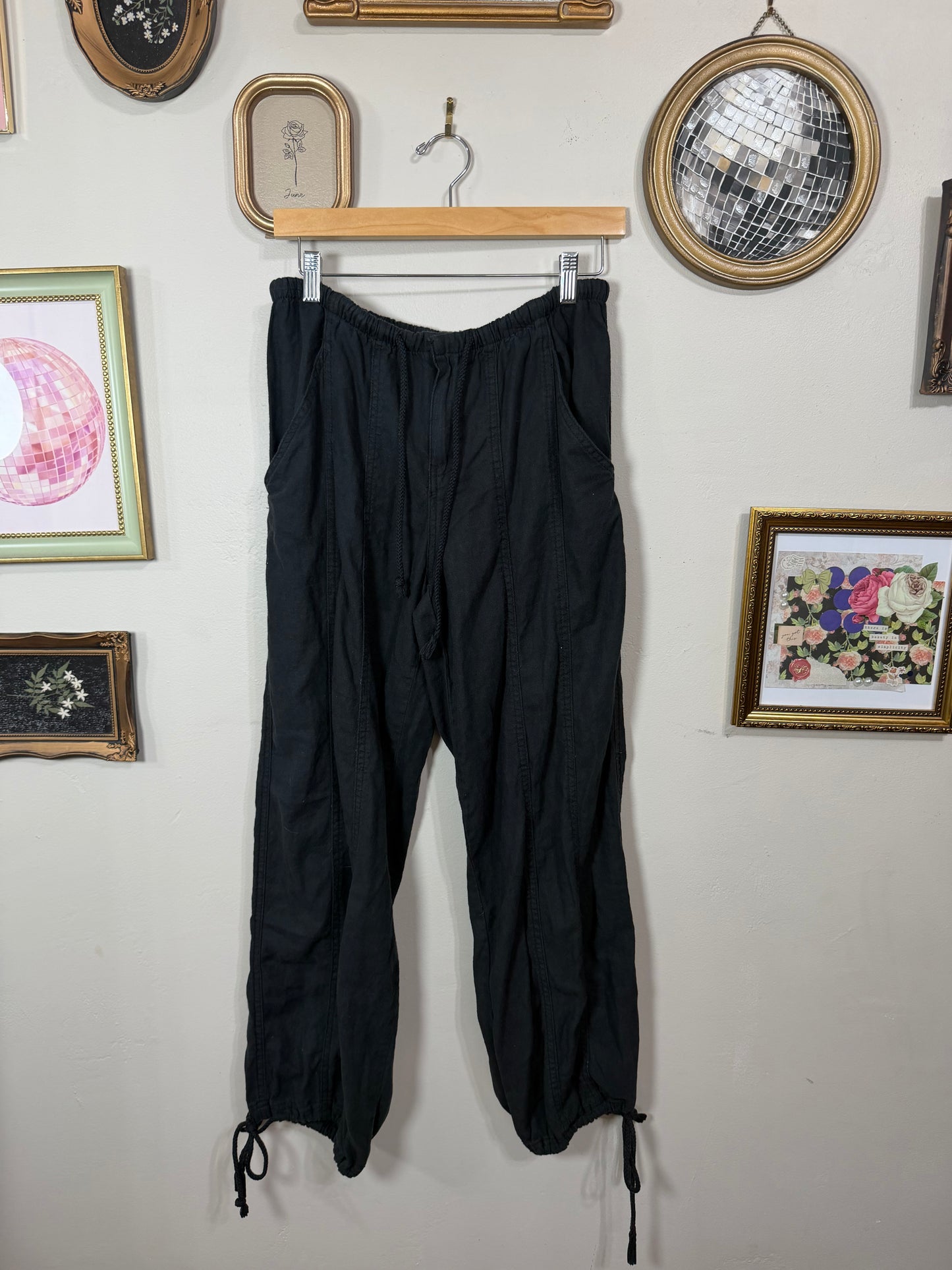 Small Black Straight Leg Linen Cargos w/ Ankle Tie