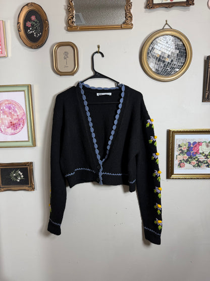 Medium Black Cardigan w/ Floral Sleeves