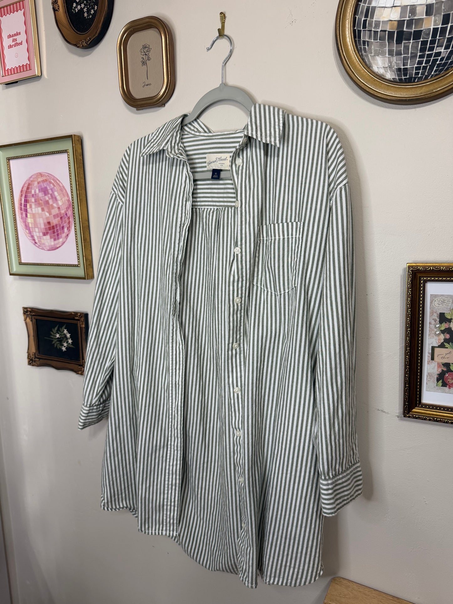 XS Green/White Striped Button Up
