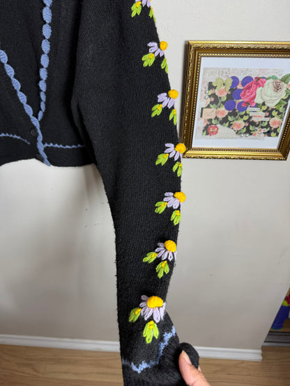 Medium Black Cardigan w/ Floral Sleeves