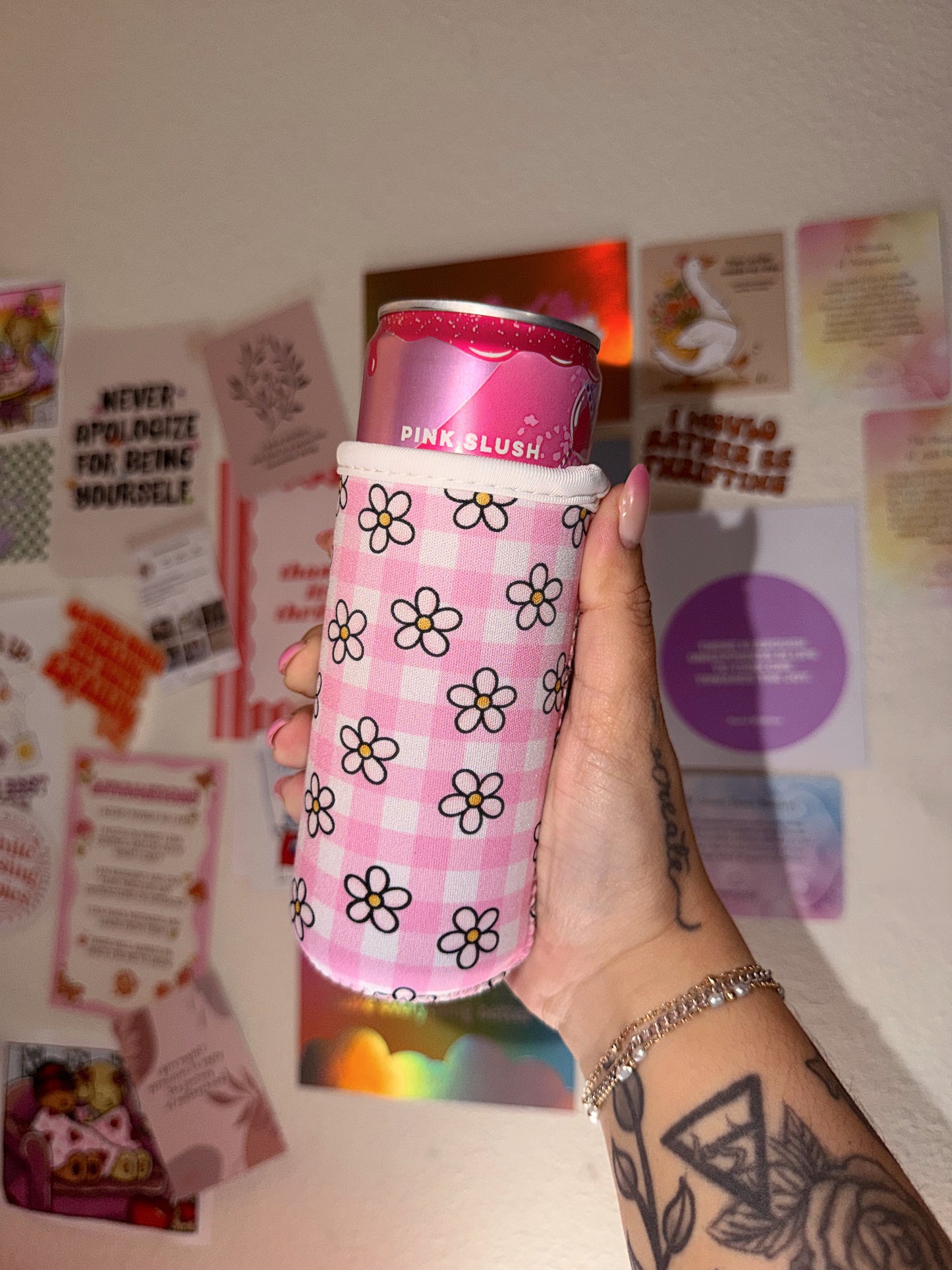 Pink Daisy Gingham Slim Can Koozie
