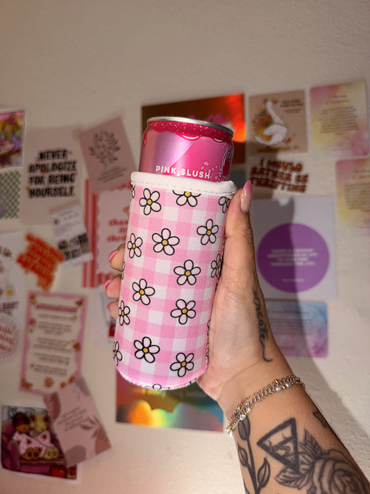 Pink Daisy Gingham Slim Can Koozie