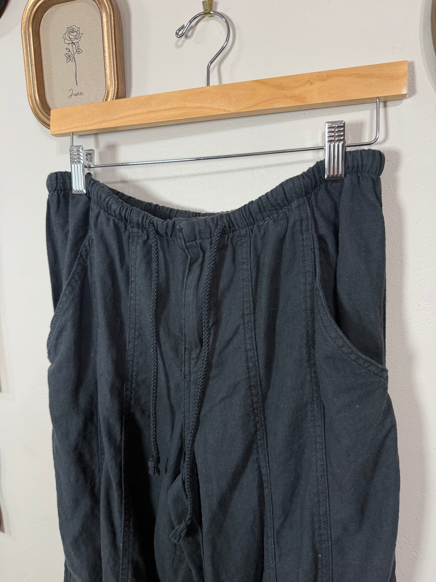 Small Black Straight Leg Linen Cargos w/ Ankle Tie