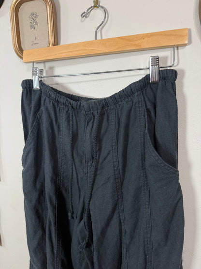 Small Black Straight Leg Linen Cargos w/ Ankle Tie