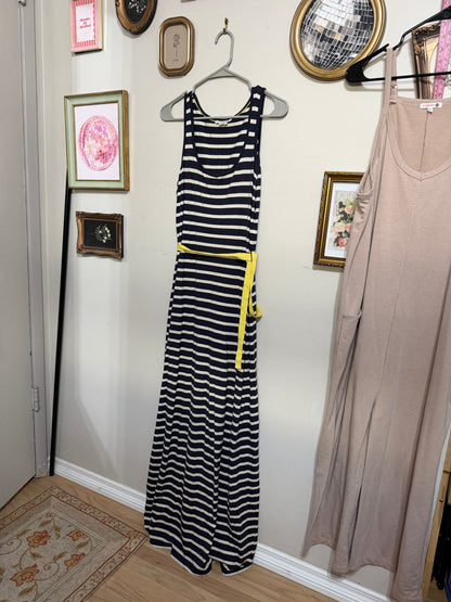 Best S/M Navy Cream Striped Maxi Dress w/ Yellow Tie