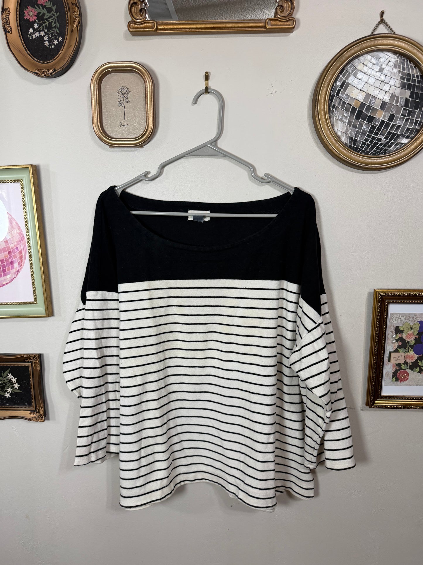 XXL Navy White Striped Quarter Sleeve Top