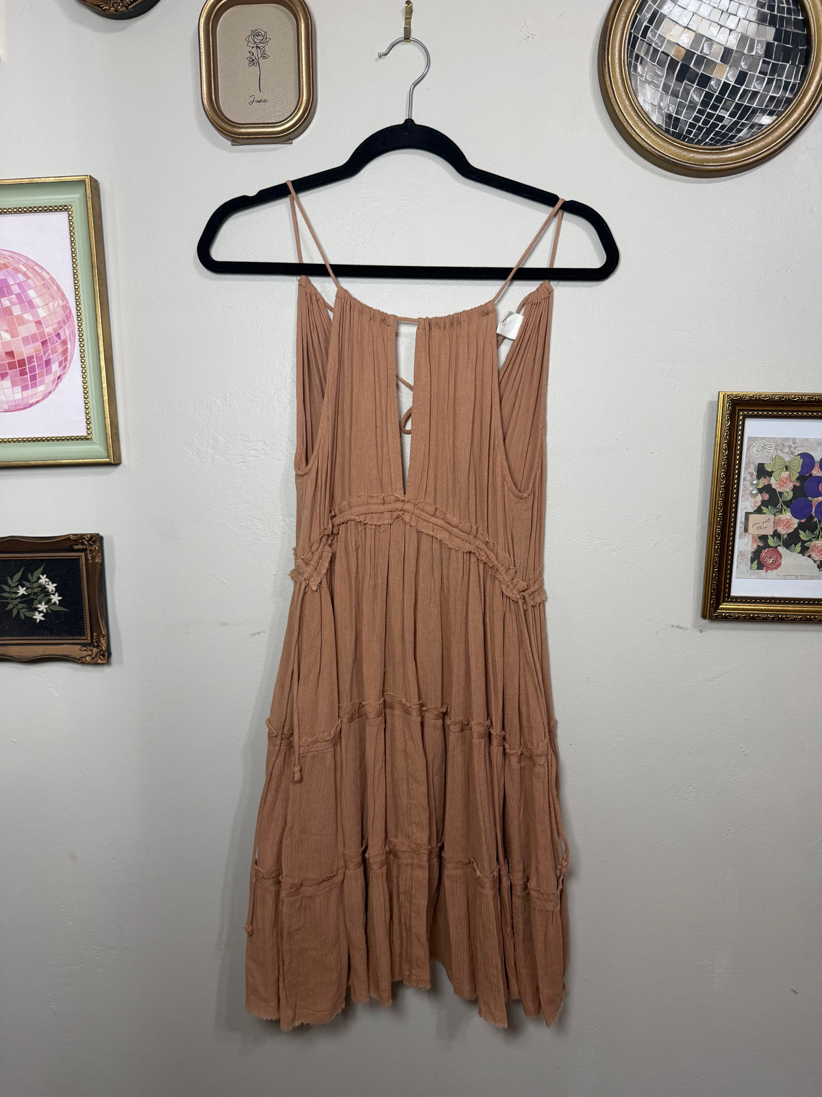 XS-Med Nude/Neutral Boho Tiered Mini Dress