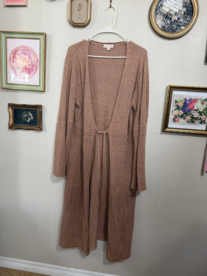 XL Tan Midi Length Knit Cardigan w/ tie