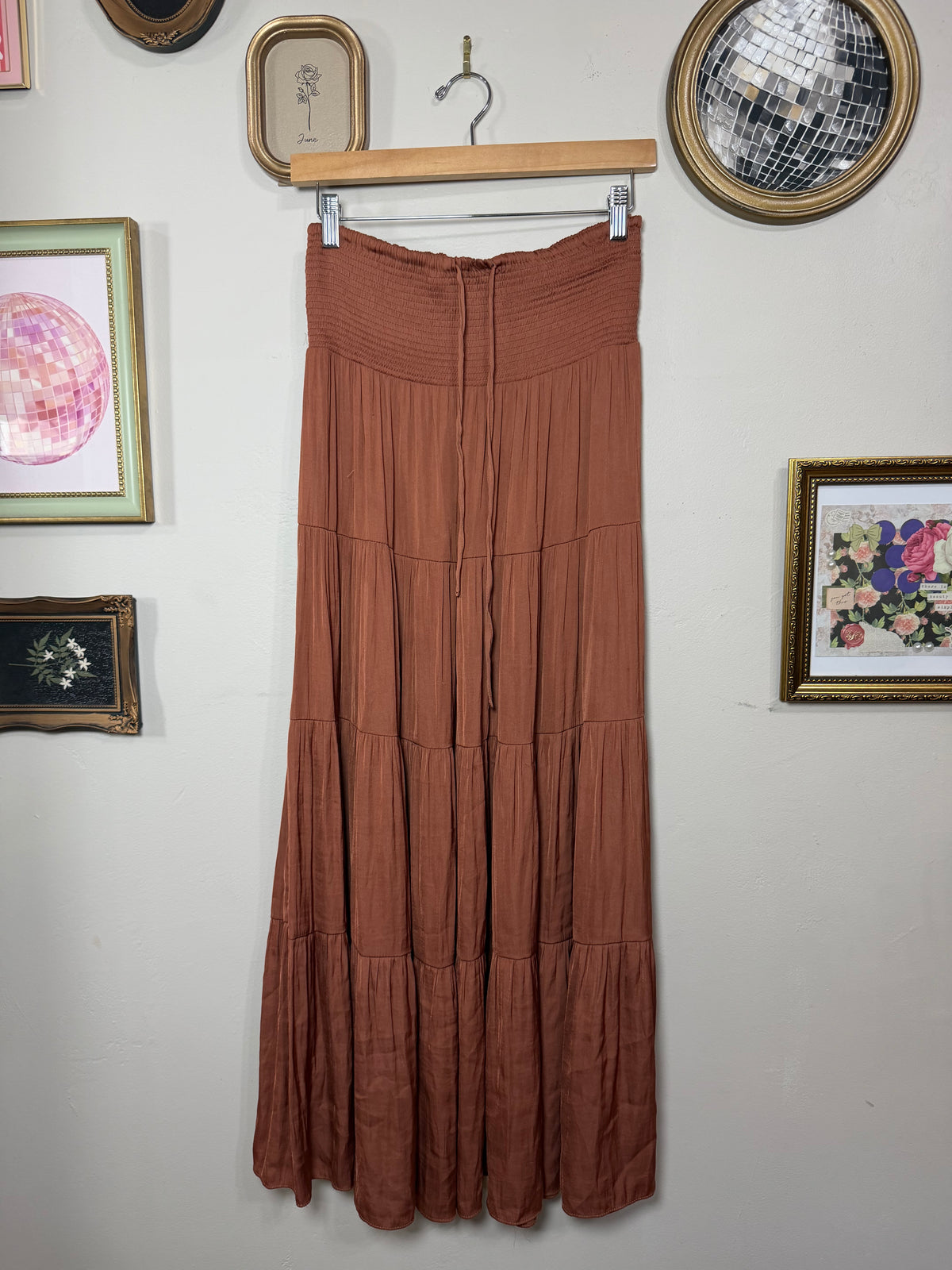 Small Warm Brown Maxi Skirt w/ Smocked Waist