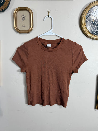 Medium Brown Ribbed Crop Tee