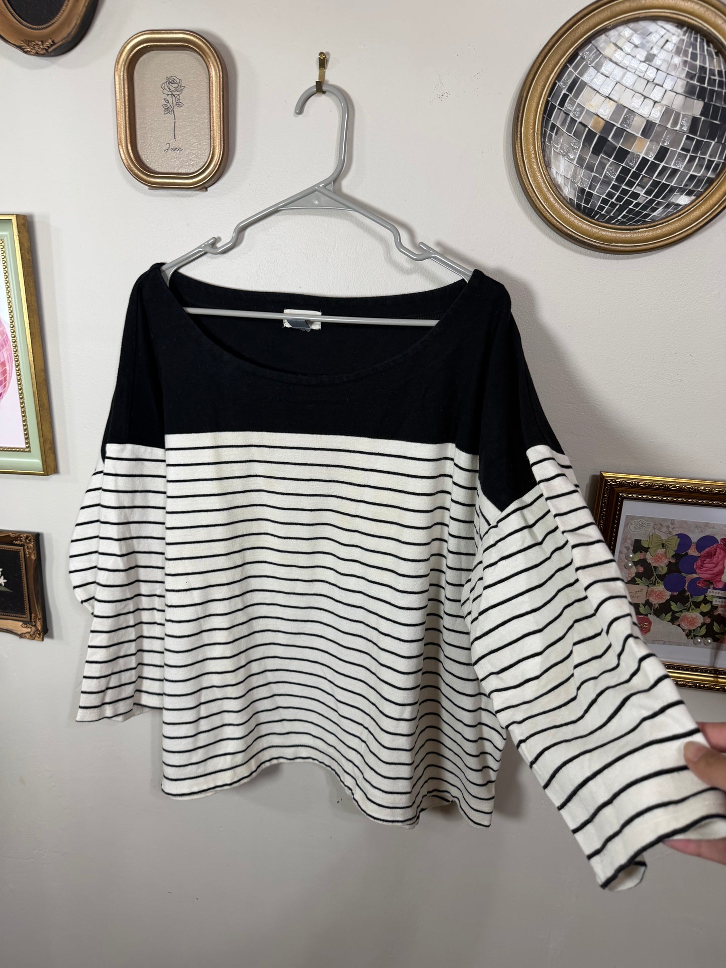 XXL Navy White Striped Quarter Sleeve Top