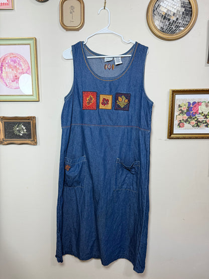 XL Vintage Denim Midi Dress w/ Fall Embroidery