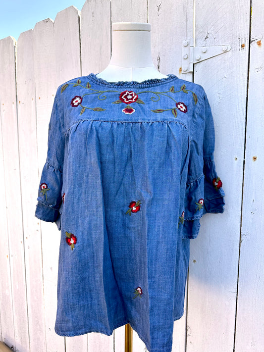 Medium Embroidered Chambray Top