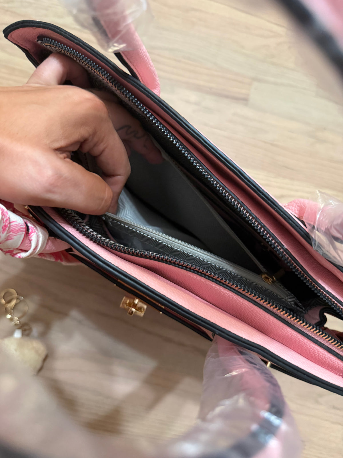 NWT Pink Structured Satchel Handbag with Teddy Bear Keychain & Crossbody Strap