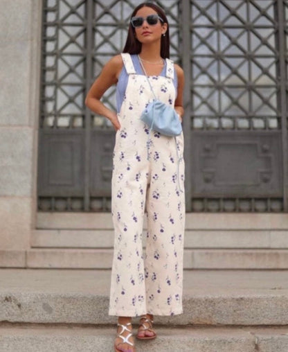 Large Ecru Cream Denim Overalls w/ Blue Flowers