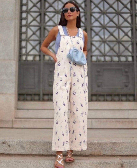 Large Ecru Cream Denim Overalls w/ Blue Flowers