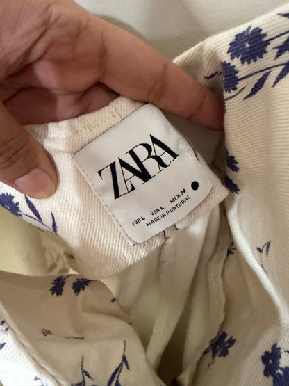 Large Ecru Cream Denim Overalls w/ Blue Flowers