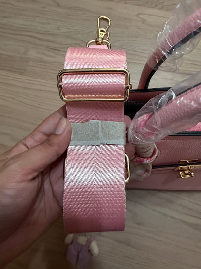 NWT Pink Structured Satchel Handbag with Teddy Bear Keychain & Crossbody Strap