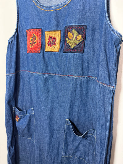 XL Vintage Denim Midi Dress w/ Fall Embroidery