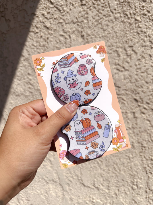 Cutesy Bookish Ghost Car Coaster