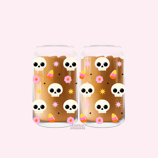 Cutesy Skull & Candy Corn Glass Cup