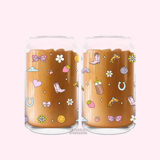 Iconic Icons Pattern Wrap Glass Cup