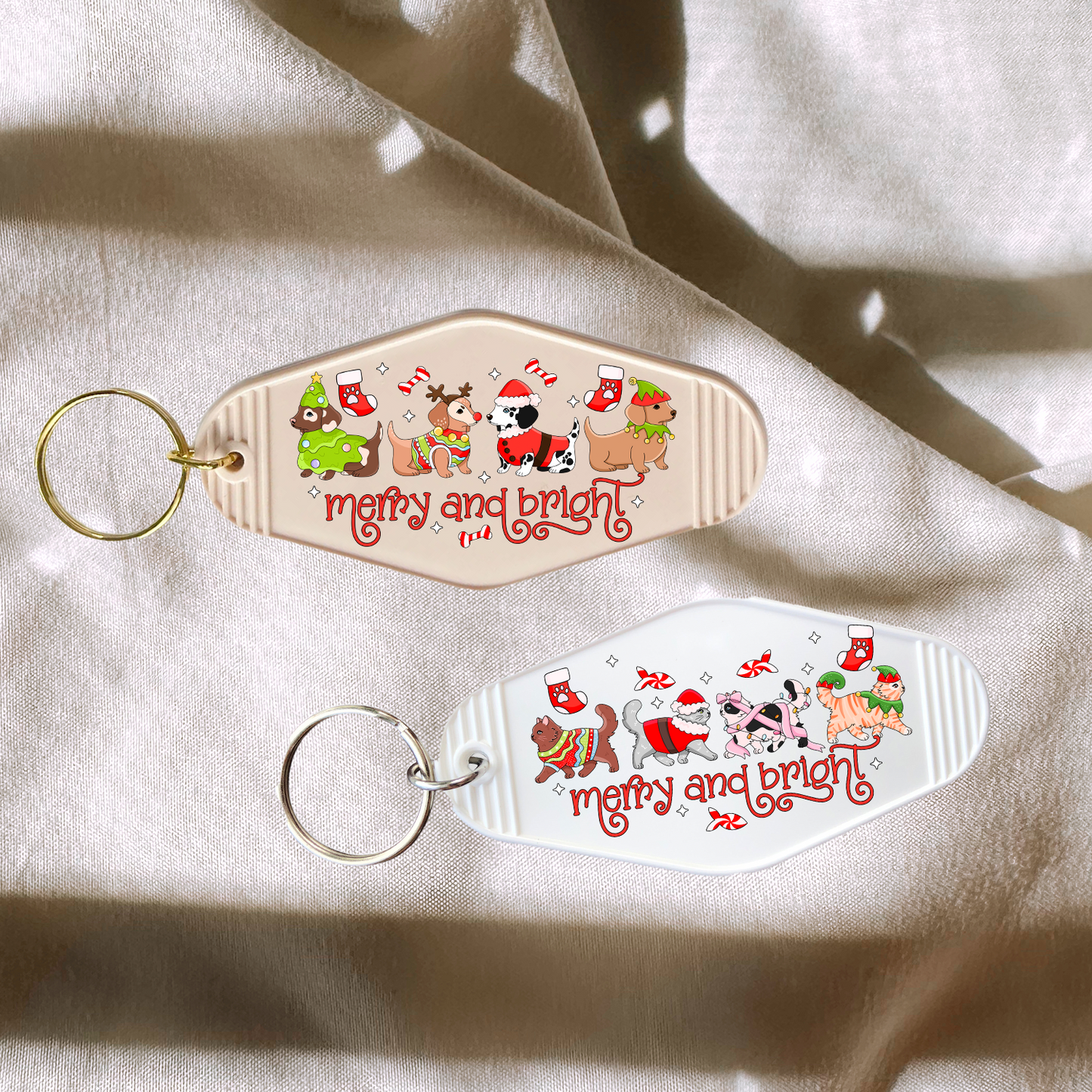 Merry & Bright Christmas Puppies/Kittens Keychain