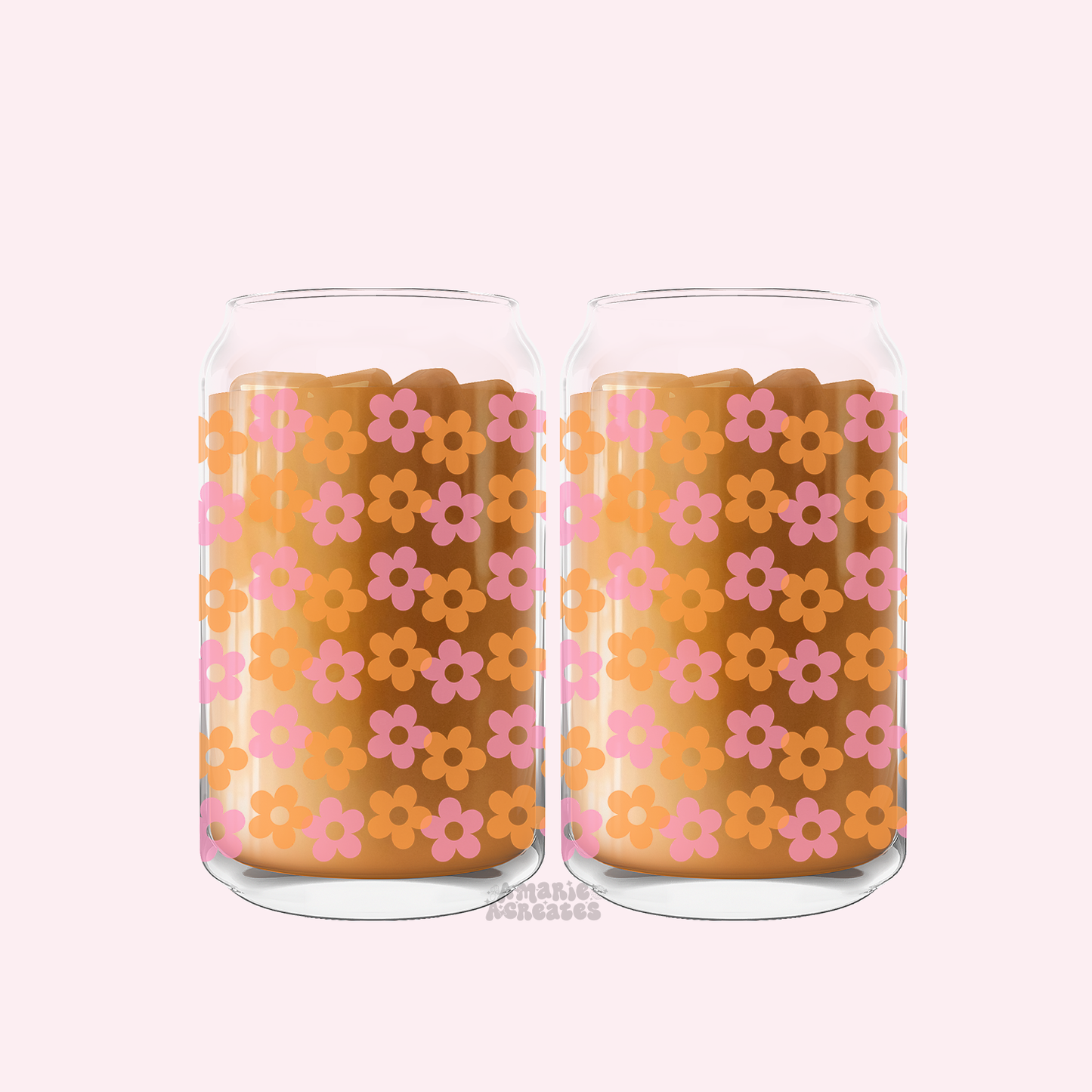 Pink & Orange Flowers Glass Cup