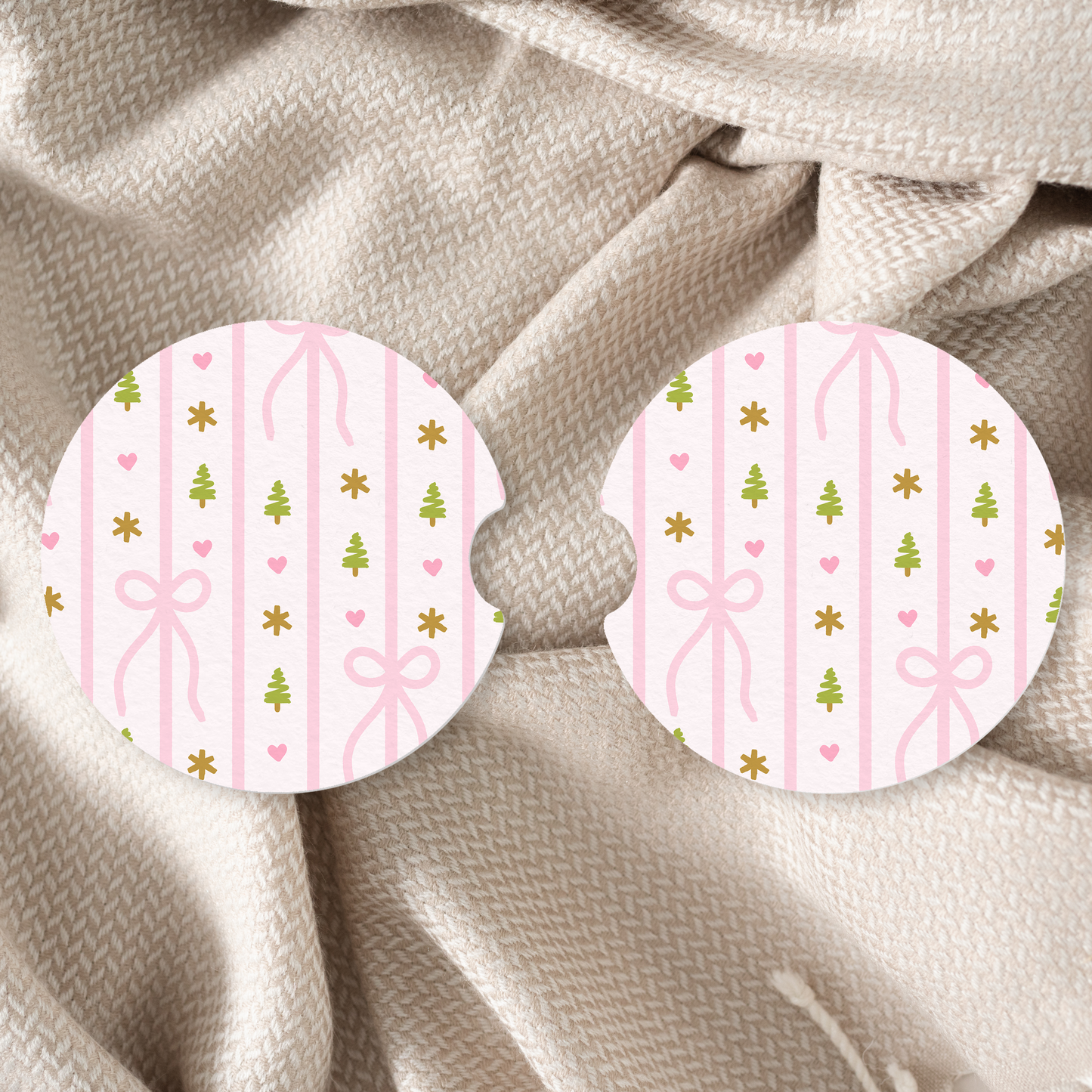 Pink Ribbon Christmas Car Coaster