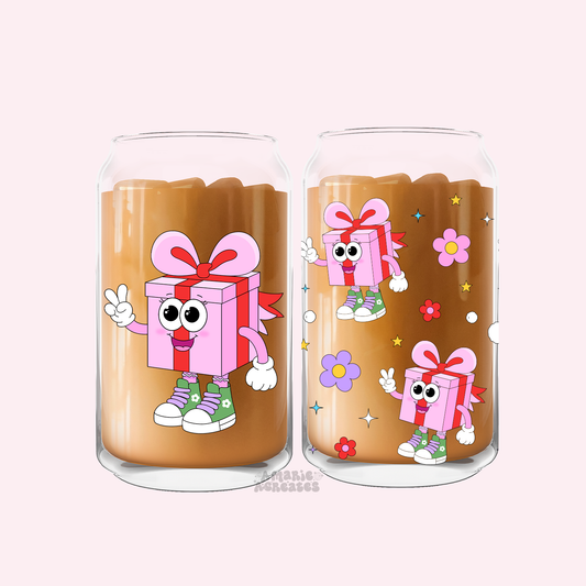 Retro Christmas Present Character Glass Cup