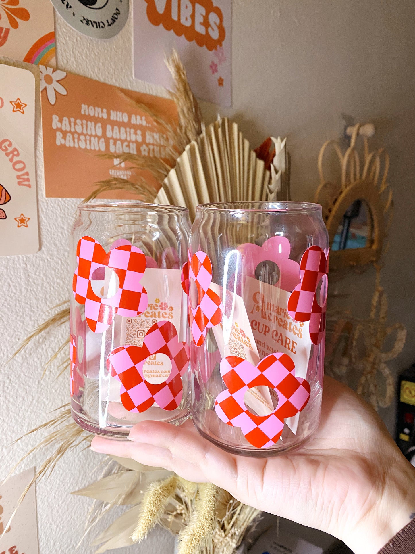 Checkered Flower Glass Cup